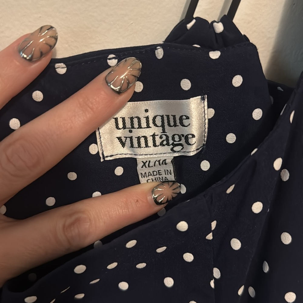 Navy Polka Dot Unique Vintage midi dress Pinafore XL/14 - Picture 2 of 4